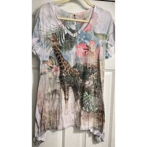 90s Y2K Safari Bling Sharkbite Top Sz 2XL Fitted Cap Sleeve Semi Sheer‎ Stretch